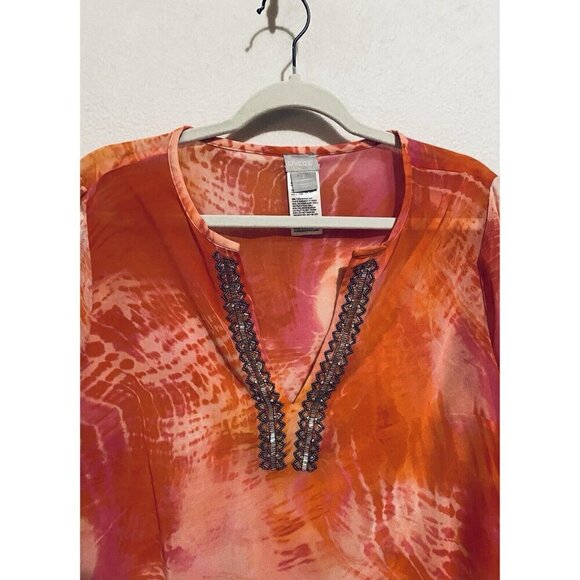 Chicos Top Womens Large Pink Orange Tie-Dye Beaded Tunic Sheer Boho Flowy Beachy - Picture 2 of 6